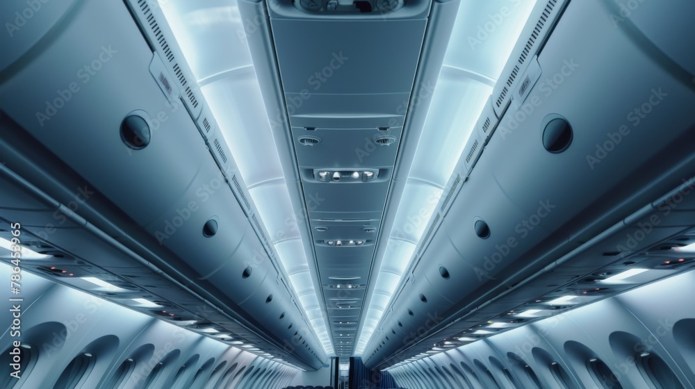 Passenger aircraft cabin, upper compartments filled with cargo Passenger aircraft cabin, upper compartments filled with cargo