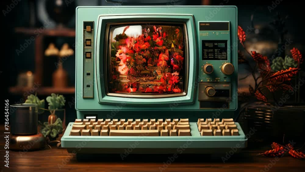 Old stylish vintage retro personal computer for video games and work poster from the 80s 90s