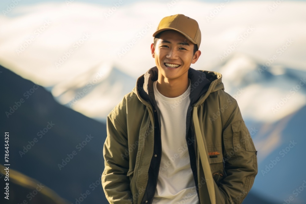 Portrait of a grinning asian man in his 20s wearing a trendy bomber jacket in backdrop of mountain peaks Portrait of a grinning asian man in his 20s wearing a trendy bomber jacket in backdrop of mountain peaks