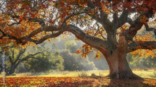 Vibrant colors of fall foliage surrounding a majestic oak tree