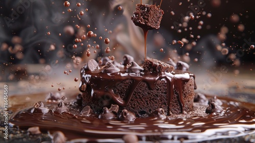 Illustrate the fluidity of liquid chocolate cascading over a cake photo