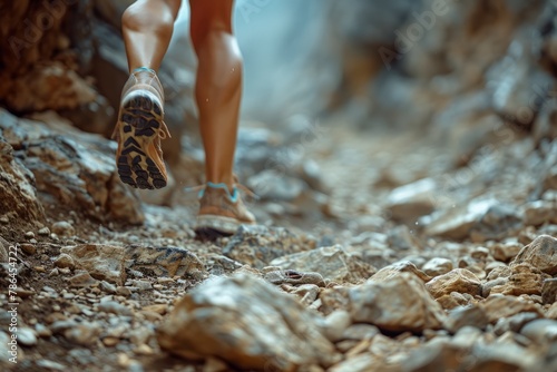 A woman is running on a rocky trail