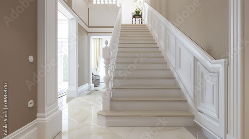 Elegant staircase with beige steps and white railing, embodying Scandinavian simplicity. © ASMAT