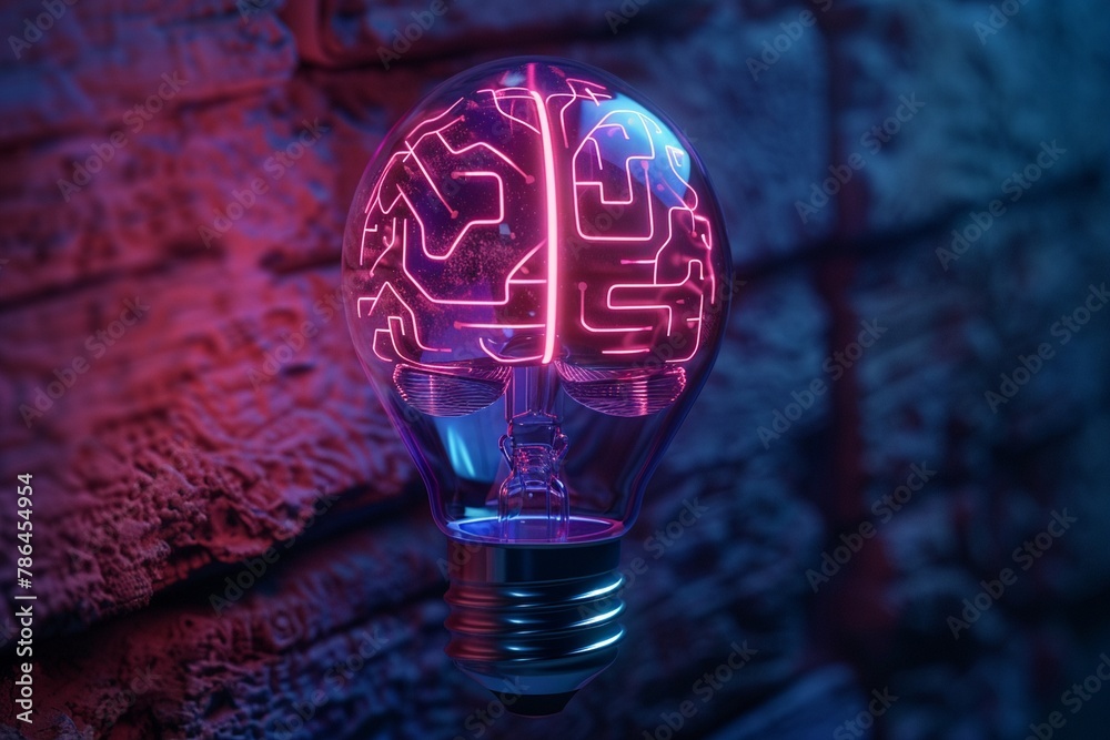 © GraphzTain - Sleek light bulb, neon brain circuitry, futuristic.