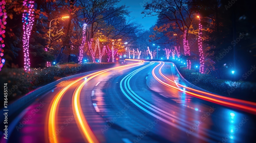 Slow shutter capture of car light trails in a city, night photography, night traffic in the city - obrazy, fototapety, plakaty 