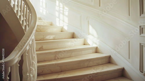 Elegant staircase with beige steps and white railing, embodying Scandinavian simplicity.
