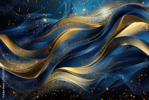 Elegant blue and gold fabric waves with glitter creating a luxurious abstract background