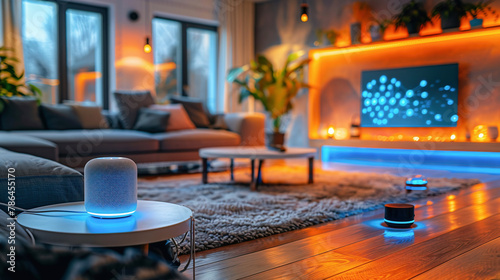 Smart Home voice assistant devices and speakers, virtual assistant, AI, home control, IOT photo
