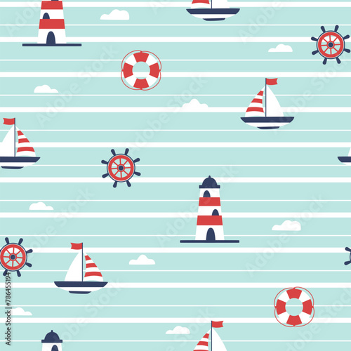 Seamless pattern with lighthouses, cute cartoon ships. Vector illustration.