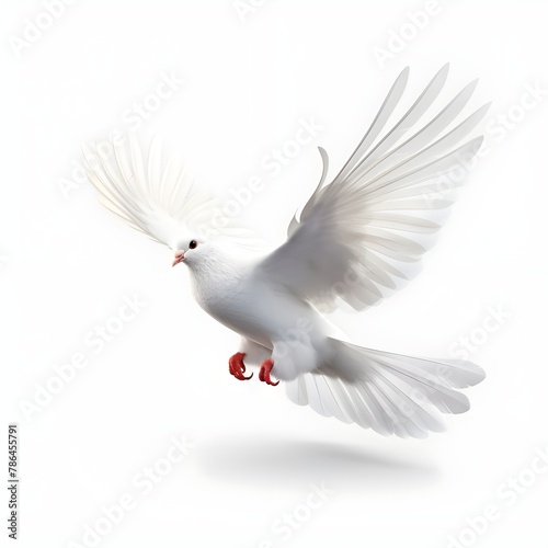 white dove off piece flying on white background