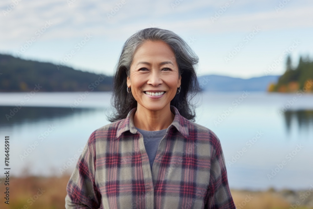 Portrait of a grinning asian woman in her 50s wearing a comfy flannel shirt on serene lakeside view Portrait of a grinning asian woman in her 50s wearing a comfy flannel shirt on serene lakeside view