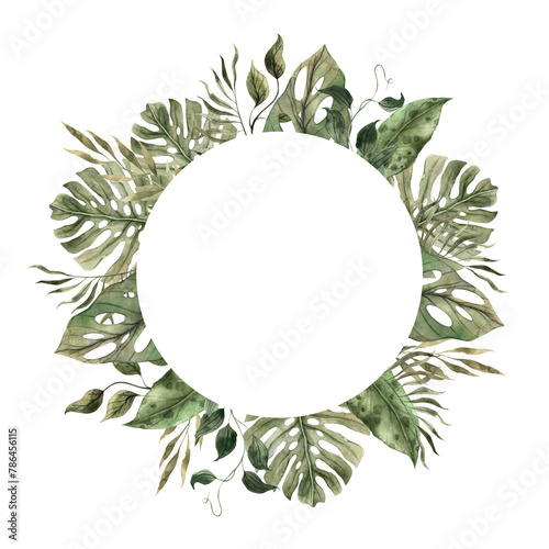 Monstera, banana, calathea, colocasia, vines, philodendron. Watercolor tropical round frame in monochrome style, floral and plant trend. Composition for invitations, cards, packaging design, holidays