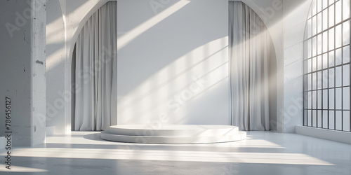 empty White podium on empty room with spotlights on white background, for product display, empty white round concrete podium 