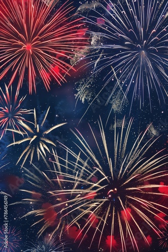 A vibrant fireworks display bursts in the night sky, with dazzling reds and golds against a starry backdrop..