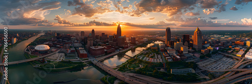 Breathtaking Aerial View of Cleveland, Ohio - An Exquisite Blend of Urban Architecture and Natural Beauty at Sunset