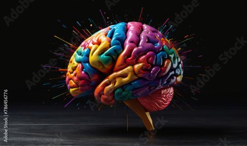 Creativity concept with a brain exploding in colors Mind blown concept black background