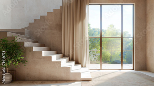 Graceful beige stairs in a contemporary Scandinavian lounge with a picturesque window view.