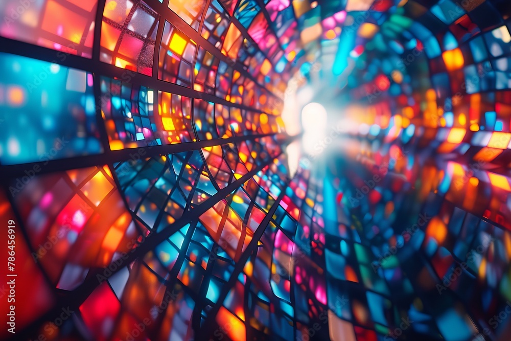 Fototapeta premium A colorful, abstract image of a tunnel with a bright light shining through it