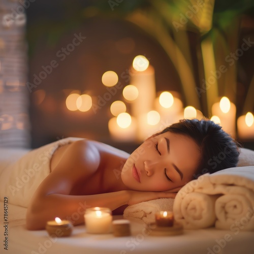 Asian woman lying on a massage table, eyes closed in relaxation, while a professional masseuse performs an aromatherapy massage, surrounded by candles and soft lighting in a spa.The scene is expertly