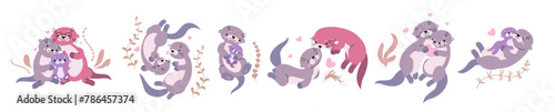 Cartoon otters family. Otter hugs and kisses with partner or child. Parenthood, maternity characters. Animals couples, nowaday vector clipart