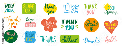 Social media phrases. Handwritten posts, stickers with gratitude for subscribers and followers. Modern communicative elements neoteric vector set photo