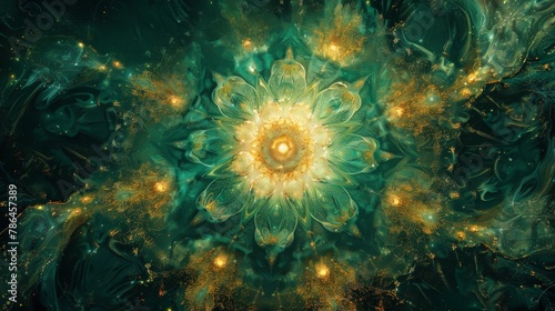 Vibrant green and yellow flower surrounded by stars