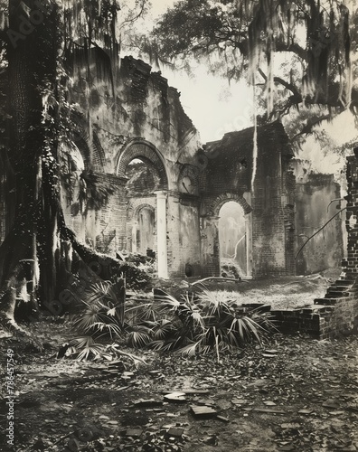 Outdoor black and white vintage photo of the ruins of a grand building overgrown with vegetation and surrounded by trees. From the series  Quest.   