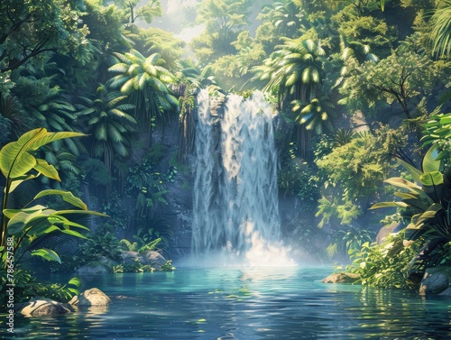 A towering waterfall plunges into a tranquil pool surrounded by lush jungle foliage  with sunlight filtering through the canopy above tropical paradise The natural beauty of the waterfall is rendered