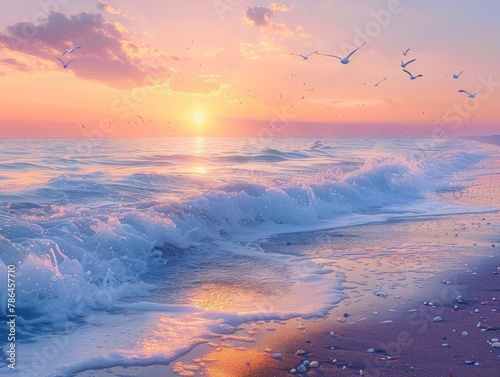 A tranquil beach at dusk, with waves gently lapping against the shore and seagulls soaring overhead coastal serenity The last rays of sunlight paint the sky in hues of orange and purple photo