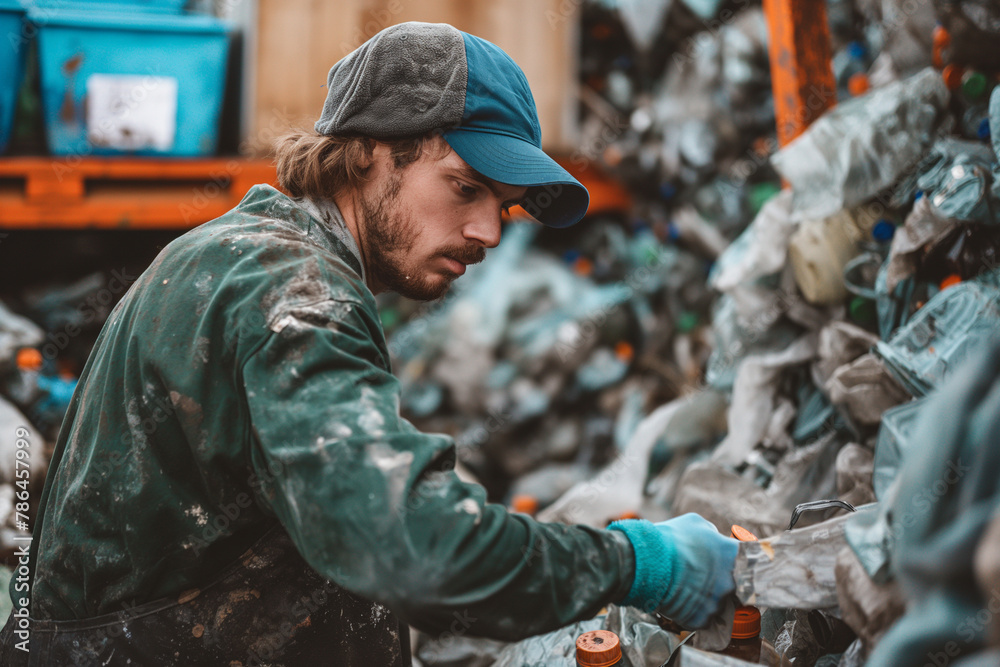 Recycling. Man Sorting Plastic Waste: Concept of Waste Management and Environmental Activism