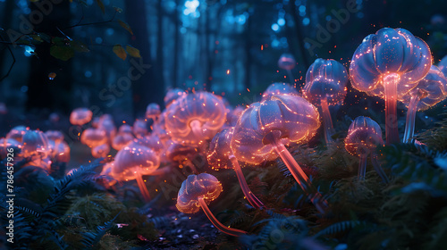 Light trails of glowing mushrooms in a forest, science and technology, copy space #786457926