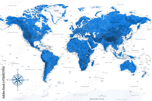Fototapeta Naklejka Na Ścianę i Meble -  World Map - Highly Detailed Vector Map of the World. Ideally for the Print Posters. Deep Blue Colors. Relief Topographic