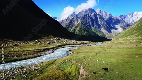 Beautifull drone shot of mountains of Pin Bhaba pass trek in Himalayan mountain valley. Natural mountain landscape.