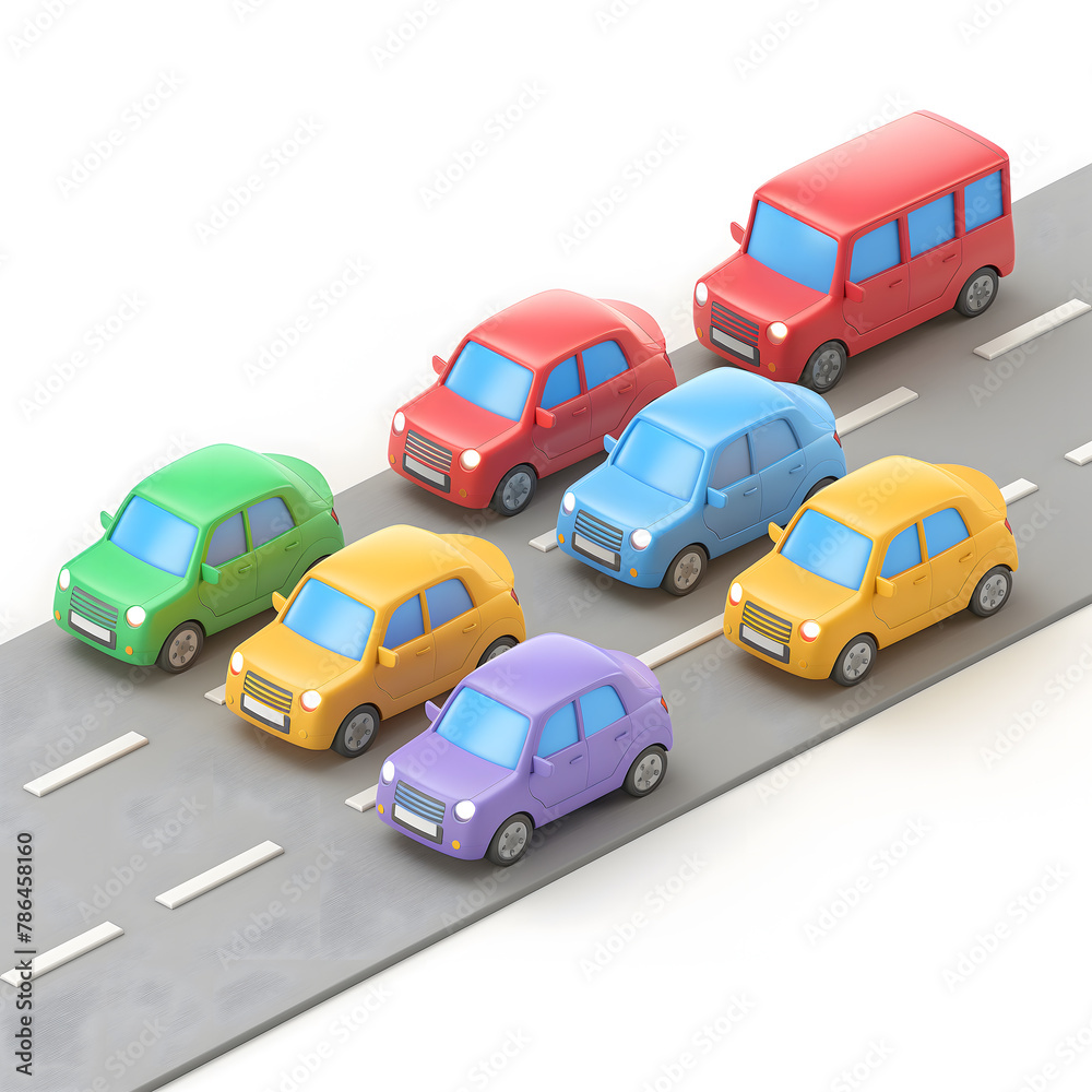 Multiple Cars in Distinct Colors Driving on a Three-Lane Road Multiple Cars in Distinct Colors Driving on a Three-Lane Road