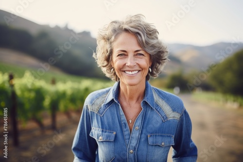 Portrait of a happy woman in her 60s sporting a versatile denim shirt on backdrop of rolling vineyards