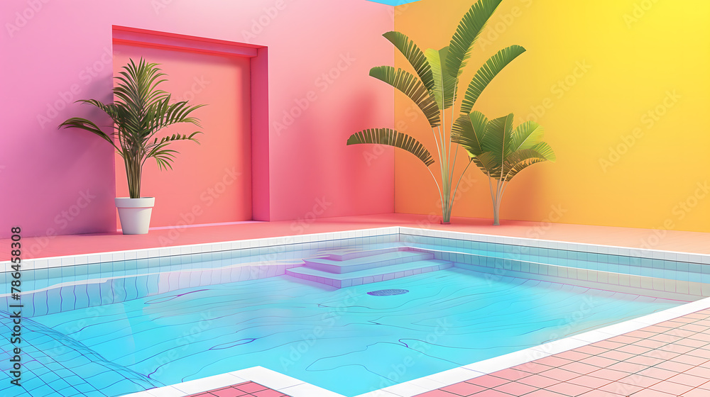 Fototapeta premium Low-Poly Style Serene Swimming Pool Scene in Colorful Landscape