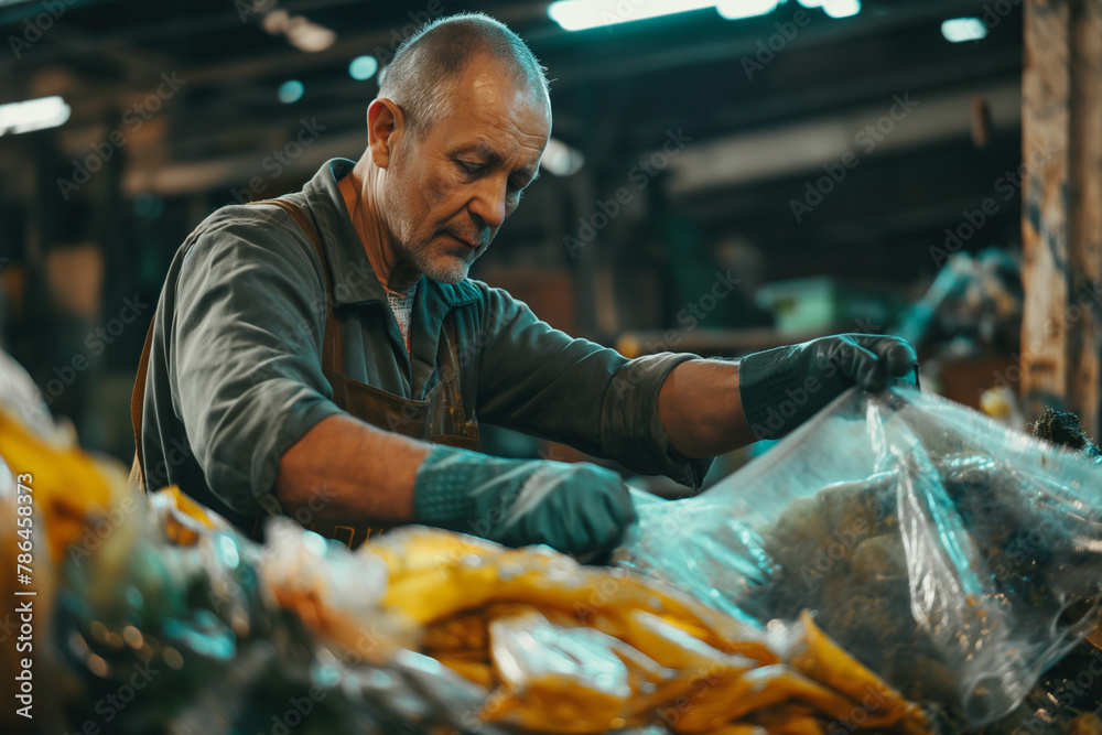 Recycling. Man Sorting Plastic Waste: Concept of Waste Management and Environmental Activism Recycling. Man Sorting Plastic Waste: Concept of Waste Management and Environmental Activism