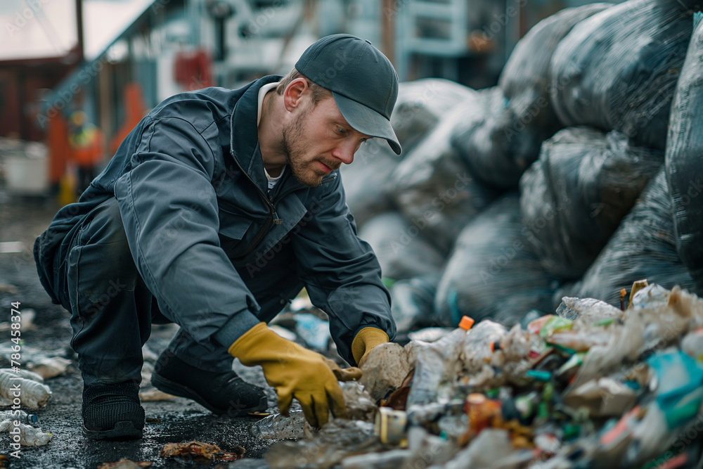 Recycling. Man Sorting Plastic Waste: Concept of Waste Management and Environmental Activism Recycling. Man Sorting Plastic Waste: Concept of Waste Management and Environmental Activism