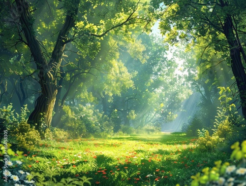 A tranquil forest clearing with sunlight filtering through the canopy, creating dappled shadows on the lush greenery serenity in nature Soft, diffused light adds a magical quality to the scene photo