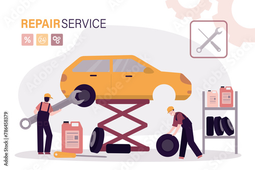 Auto breakdown. Broken car undercarriage. vehicle on lift, group of repair technicians fixing and repairing breakdowns. Tire problem, repair service, road accident, vehicle maintenance.