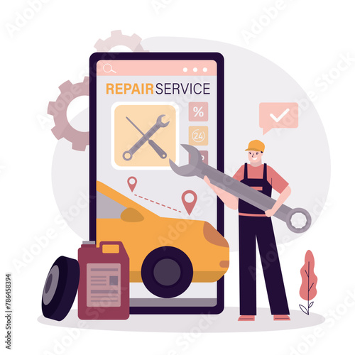 Online car service. Application for car service and repair. Full time service. Mobile phone app for find a auto repair shop. Repairman with tools and tires.