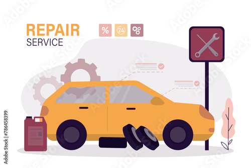 Car breakdown. Tire problem, repair service, replacing a tires, road accident, vehicle maintenance abstract metaphor.