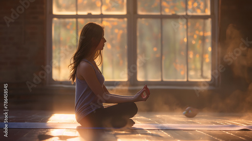 Serene Woman Practicing Meditation in Sunlit Yoga Studio