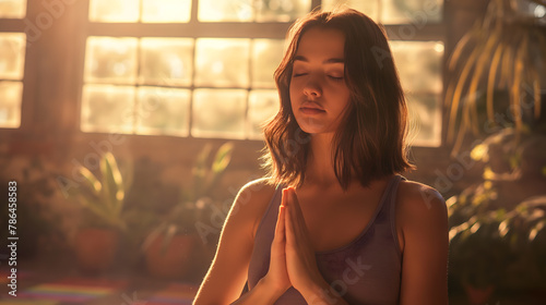 Serene Young Woman Practicing Yoga During Golden Hour