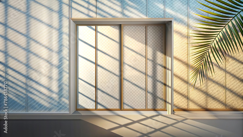 Sunlight casts geometric shadows on a room s floor through a sliding door  which seems to lead to a tropical outdoor setting. A palm leaf is visible through the translucent material of the door.AI gen