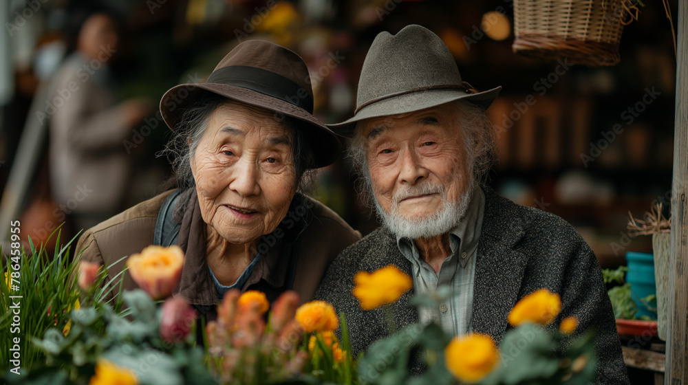 Happy elderly couple gardening together in their lush garden