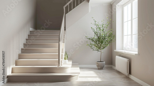 Graceful beige stairs in a cozy Scandinavian lounge with a window and serene surroundings. © ASMAT