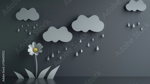 Cute Paper Art illustration, small flower and dark gray clouds above it, paper rain, simple and clean, volumetric, 3d