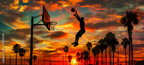 Silhouette of a Basketball Player Dunking at Sunset © slonme