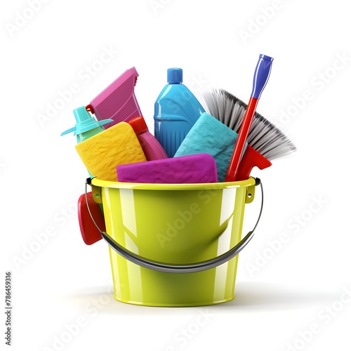 Cartoon hand-drawn yellow bucket with cleaning supplies, clipart image design.